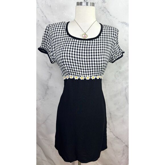 Vtg 90s ALL THAT JAZZ Gingham Babydoll Dress 9 M Black White Sunflower Grunge - Picture 1 of 14